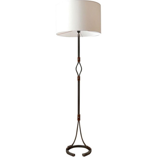 Mid century leder en ijzeren vloerlamp door Jean-Pierre Ryckaert, Frankrijk 1950