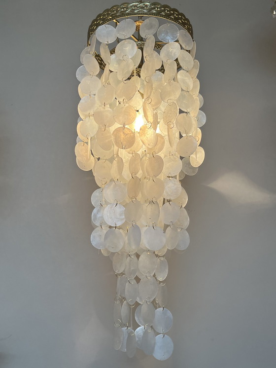 Image 1 of Vintage 60’S Capiz Schelpen Hanglamp Parelmoer Schelpen Opaline Schelp Lamp