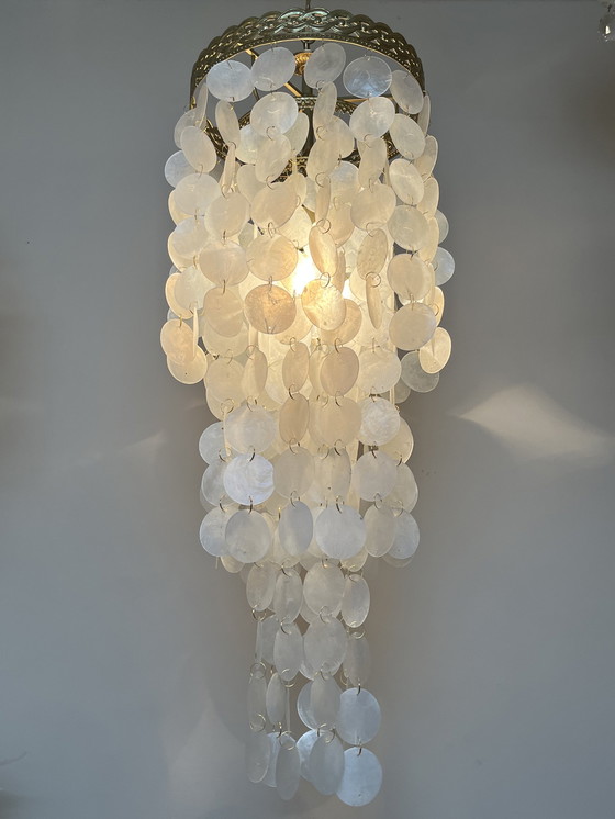 Image 1 of Vintage 60’S Capiz Schelpen Hanglamp Parelmoer Schelpen Opaline Schelp Lamp