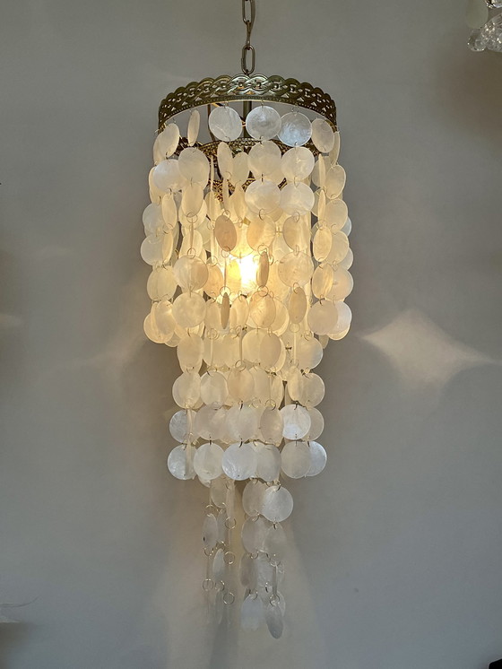 Image 1 of Vintage 60’S Capiz Schelpen Hanglamp Parelmoer Schelpen Opaline Schelp Lamp