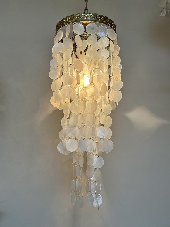 Image 1 of Vintage 60’S Capiz Schelpen Hanglamp Parelmoer Schelpen Opaline Schelp Lamp