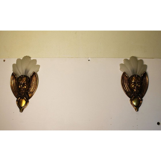 Image 1 of Paar vintage Art deco bronzen en glazen wandlampen
