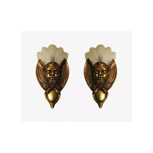 Paar vintage Art deco bronzen en glazen wandlampen
