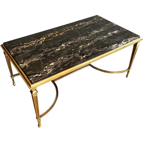 Image 1 of Vintage bronzen salontafel met zwart Portor marmeren blad, Frankrijk 1940