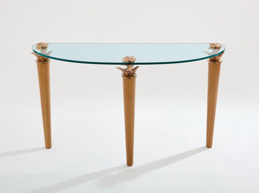 Garouste & Bonetti Massief Eiken En Brons Glazen Console Tafel 1995