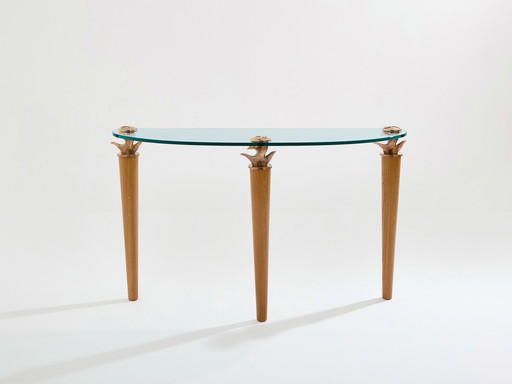 Garouste & Bonetti Massief Eiken En Brons Glazen Console Tafel 1995