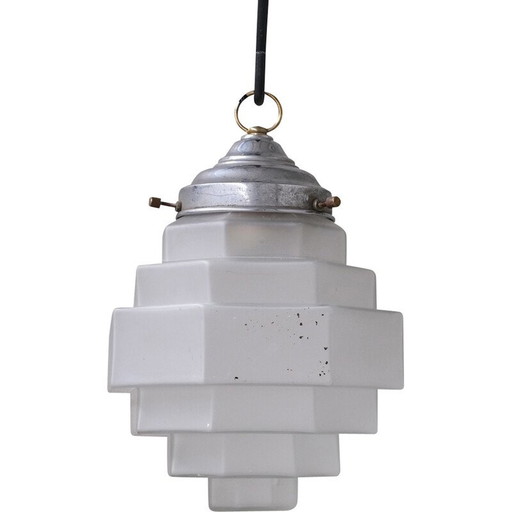 Vintage gelaagde ondoorzichtige glazen hanglamp, Frankrijk 1950