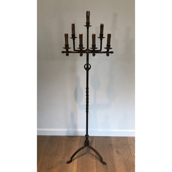 Image 1 of Vintage smeedijzeren en vergulde vloerlamp van Parquet, Frankrijk jaren 1940