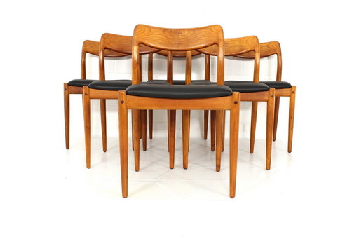 6x Johannes Andersen voor Uldum, Deense Mid Century Teak Stoel, nieuw Anilin Leer