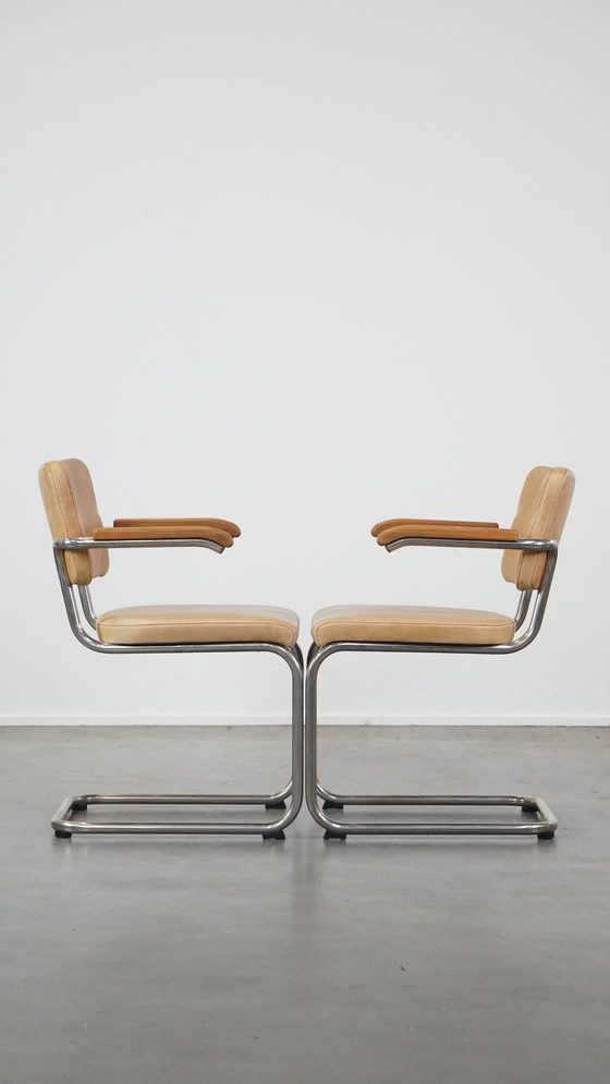 Image 1 of 10 X Vintage Leren Thonet Design Eetkamerstoel Model S64 