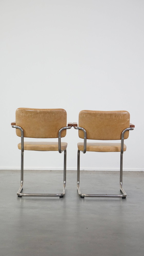 Image 1 of 10 X Vintage Leren Thonet Design Eetkamerstoel Model S64 