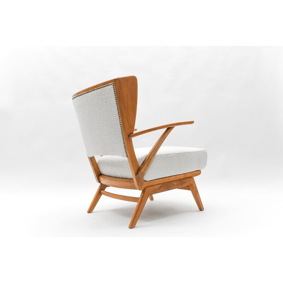 Image 1 of Vintage wingback fauteuil in witte Boucle stof en hout, Italië 1950