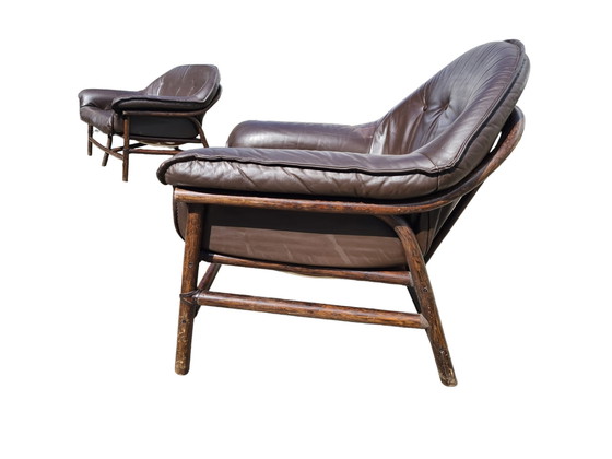 Image 1 of Set Of Two High End Italian 60S Couch And Chair - Sofa (2) - Leder, Set Van Bijpassende Sofa Met Fauteuil