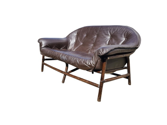 Image 1 of Set Of Two High End Italian 60S Couch And Chair - Sofa (2) - Leder, Set Van Bijpassende Sofa Met Fauteuil