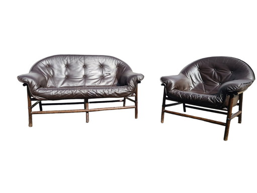 Set Of Two High End Italian 60S Couch And Chair - Sofa (2) - Leder, Set Van Bijpassende Sofa Met Fauteuil