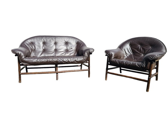 Image 1 of Set Of Two High End Italian 60S Couch And Chair - Sofa (2) - Leder, Set Van Bijpassende Sofa Met Fauteuil