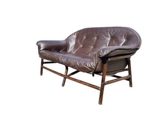 Image 1 of Set Of Two High End Italian 60S Couch And Chair - Sofa (2) - Leder, Set Van Bijpassende Sofa Met Fauteuil