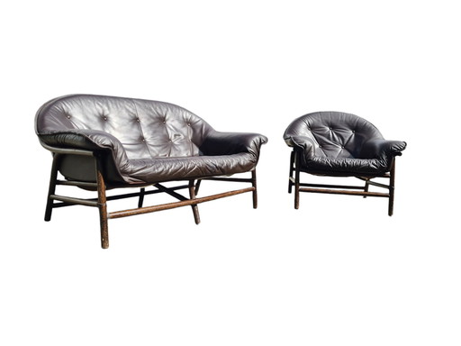 Set Of Two High End Italian 60S Couch And Chair - Sofa (2) - Leder, Set Van Bijpassende Sofa Met Fauteuil