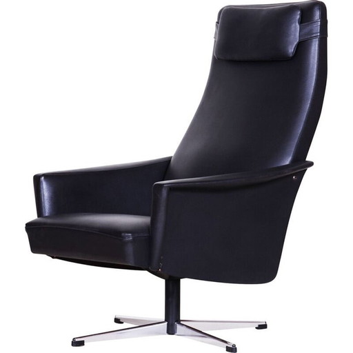 Vintage zwart lederen fauteuil, Tsjecho-Slowakije 1960