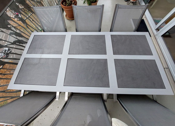 Image 1 of Tuintafel Set, 6 Aluminiumstoelen, Tafel En 2 Voetenbankjes