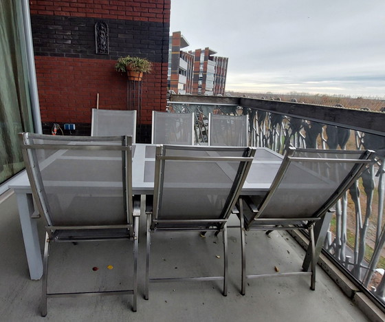 Image 1 of Tuintafel Set, 6 Aluminiumstoelen, Tafel En 2 Voetenbankjes