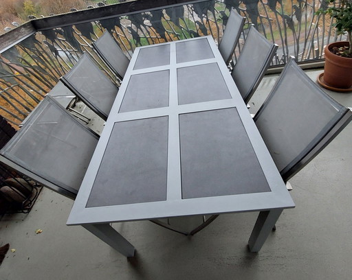 Tuintafel Set, 6 Aluminiumstoelen, Tafel En 2 Voetenbankjes