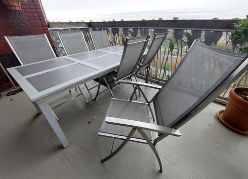 Tuintafel Set, 6 Aluminiumstoelen, Tafel En 2 Voetenbankjes