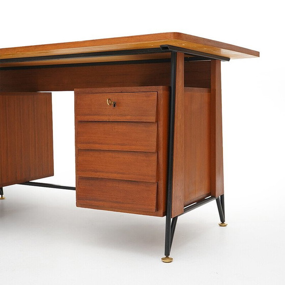 Image 1 of Vintage teak en zwart geschilderd metalen bureau met 3 laden, Italië 1950