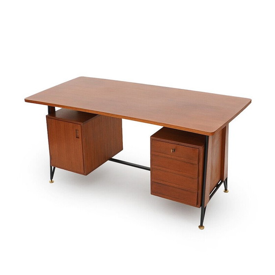 Image 1 of Vintage teak en zwart geschilderd metalen bureau met 3 laden, Italië 1950