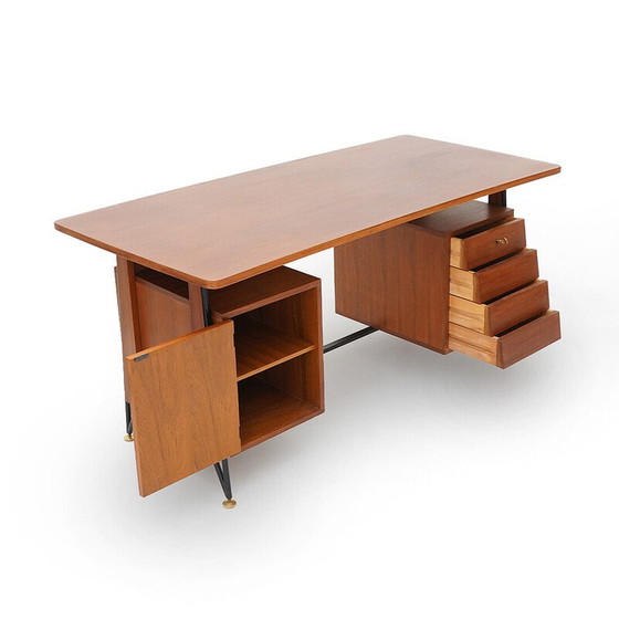 Image 1 of Vintage teak en zwart geschilderd metalen bureau met 3 laden, Italië 1950