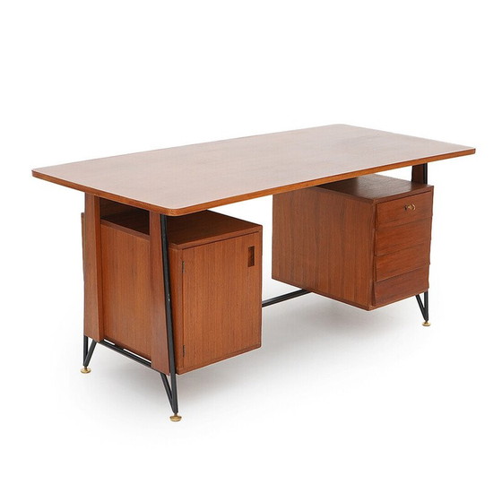 Image 1 of Vintage teak en zwart geschilderd metalen bureau met 3 laden, Italië 1950