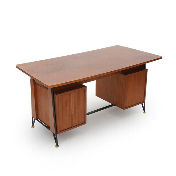 Image 1 of Vintage teak en zwart geschilderd metalen bureau met 3 laden, Italië 1950