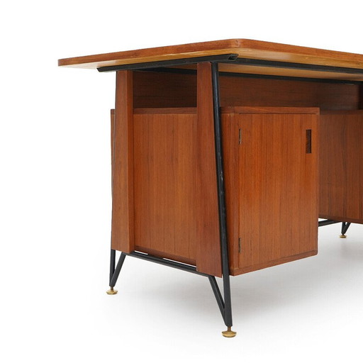 Vintage teak en zwart geschilderd metalen bureau met 3 laden, Italië 1950