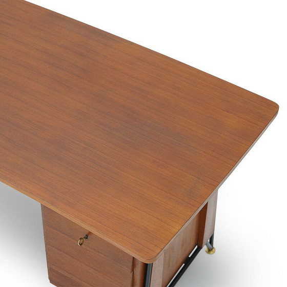 Image 1 of Vintage teak en zwart geschilderd metalen bureau met 3 laden, Italië 1950