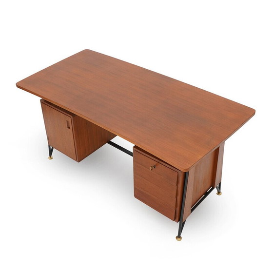 Image 1 of Vintage teak en zwart geschilderd metalen bureau met 3 laden, Italië 1950