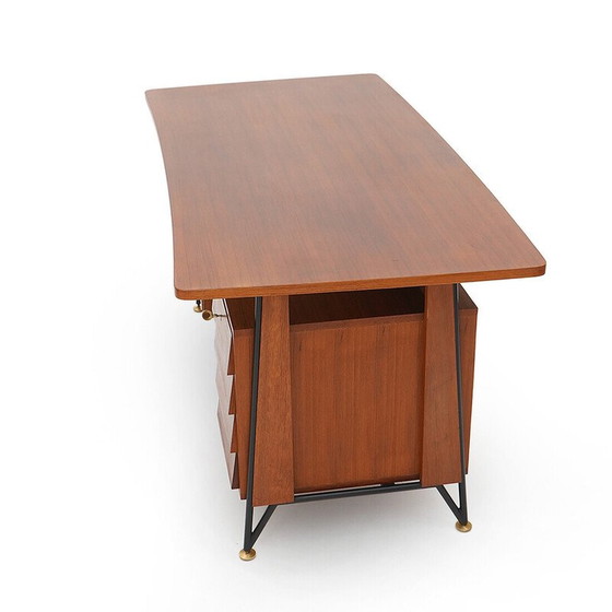 Image 1 of Vintage teak en zwart geschilderd metalen bureau met 3 laden, Italië 1950