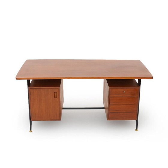 Image 1 of Vintage teak en zwart geschilderd metalen bureau met 3 laden, Italië 1950