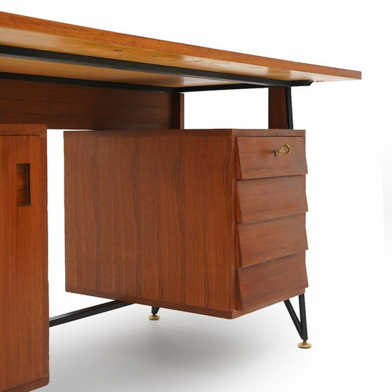 Image 1 of Vintage teak en zwart geschilderd metalen bureau met 3 laden, Italië 1950