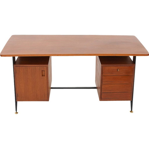 Vintage teak en zwart geschilderd metalen bureau met 3 laden, Italië 1950