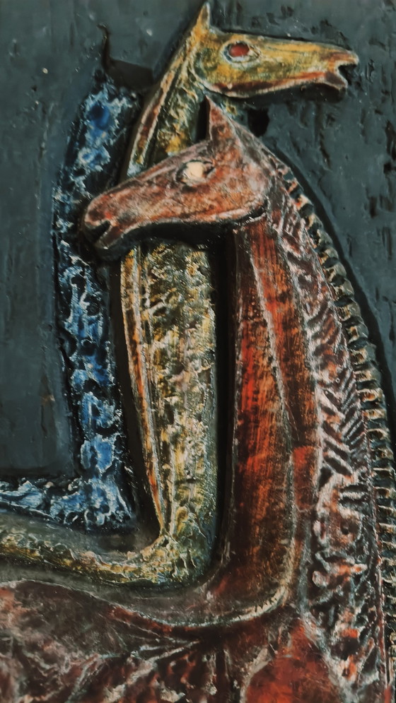Image 1 of Vintage Wandsculptuur Wanddecoratie Keramiek Paarden 