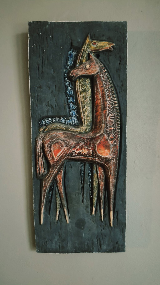Vintage Wandsculptuur Wanddecoratie Keramiek Paarden 