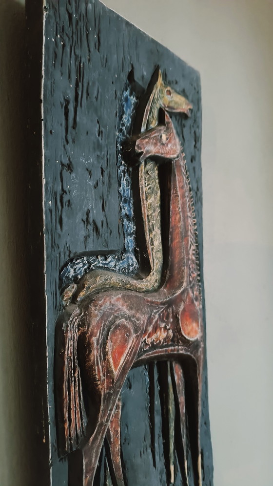 Image 1 of Vintage Wandsculptuur Wanddecoratie Keramiek Paarden 