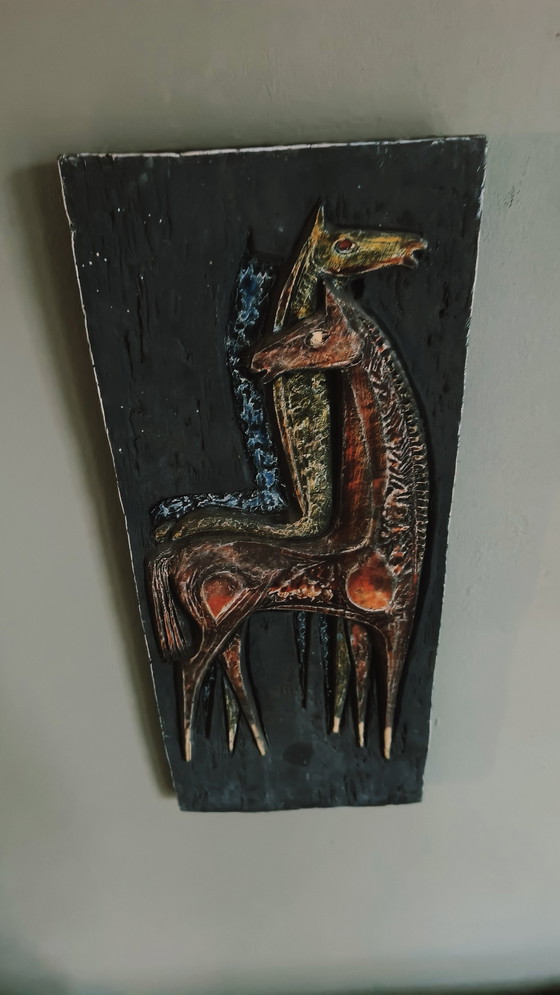 Image 1 of Vintage Wandsculptuur Wanddecoratie Keramiek Paarden 