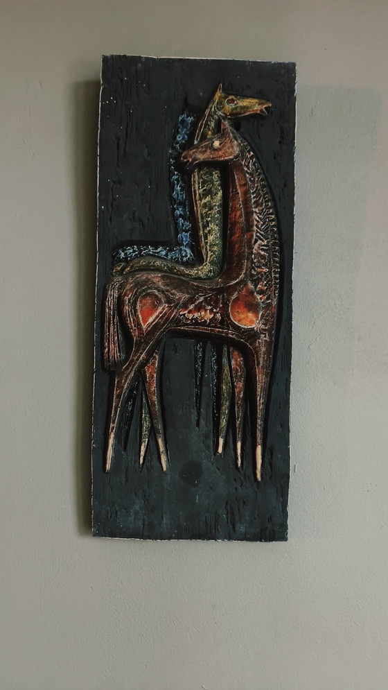 Image 1 of Vintage Wandsculptuur Wanddecoratie Keramiek Paarden 