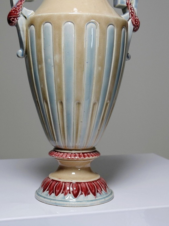 Image 1 of Paar Majolica vazen, antieke Art Deco Barbotine in Minton stijl