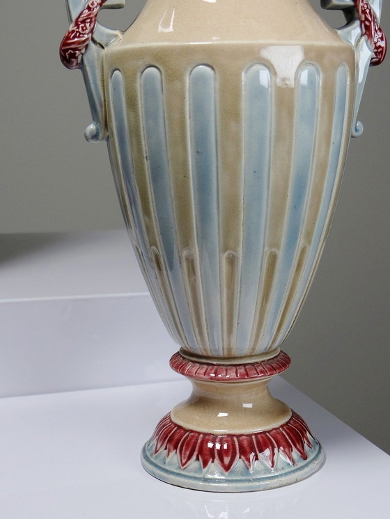 Image 1 of Paar Majolica vazen, antieke Art Deco Barbotine in Minton stijl