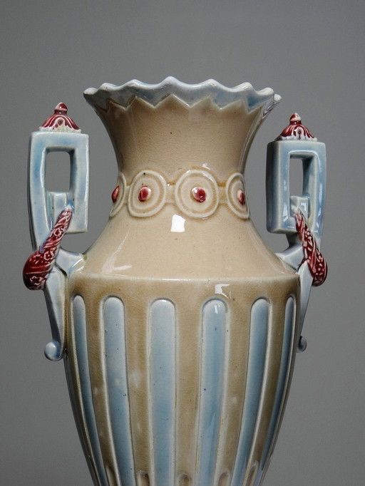 Paar Majolica vazen, antieke Art Deco Barbotine in Minton stijl