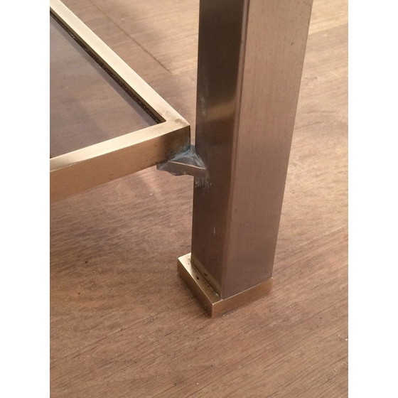 Image 1 of Vintage salontafel met dubbel blad in geborsteld staal en messing door Guy Lefèvre voor Maison Jansen 1970