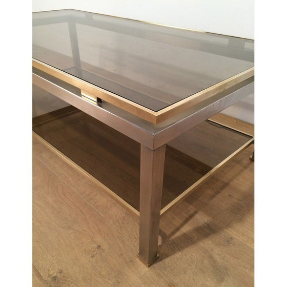 Image 1 of Vintage salontafel met dubbel blad in geborsteld staal en messing door Guy Lefèvre voor Maison Jansen 1970