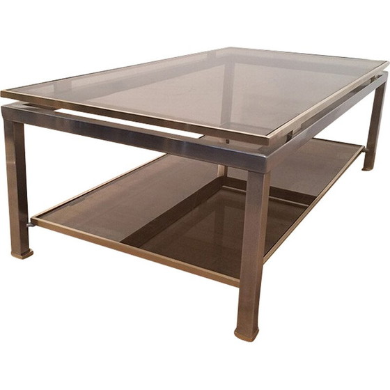 Image 1 of Vintage salontafel met dubbel blad in geborsteld staal en messing door Guy Lefèvre voor Maison Jansen 1970
